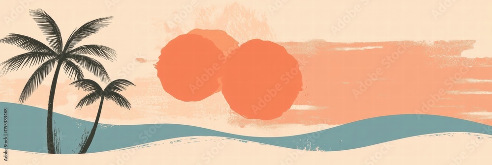 Poster Palm trees silhouetted against a pastel gradient sky with sun and waves creating a serene atmosphere for relaxation. Generative AI