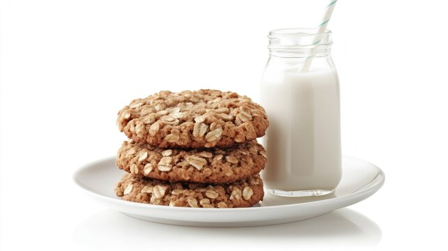 Homemade oatmeal cookies stacked on a plate beside milk jar and straw on a clean white background for a delicious snack image
