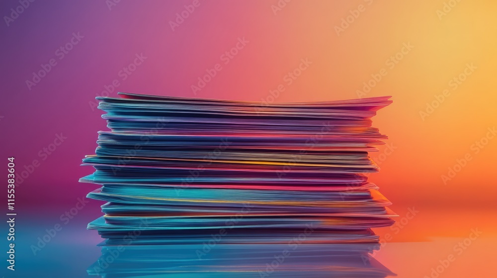Poster colorful stack of magazines with a vibrant gradient background for modern design and creative projec