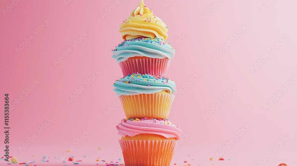 Poster colorful stacked cupcakes with sprinkles against a soft pink background creating a festive and cheer