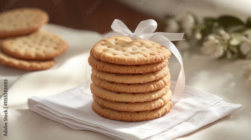 Aufkleber delightful stack of cookies elegantly presented on a napkin adorned with a ribbon in a cozy setting