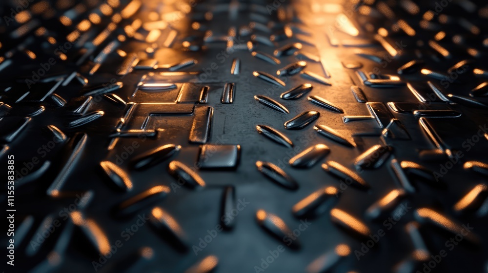 Poster textured stainless steel surface with reflective metal patterns illuminated by warm light creating a