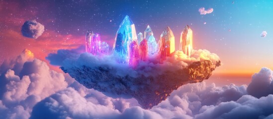 Fototapeta premium Crystal city floating on clouds at sunset.