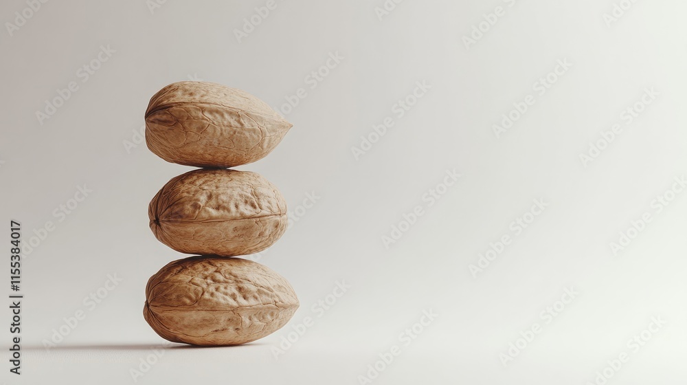 Poster stacked walnuts in three tiers positioned on a clean white background showcasing their natural textu
