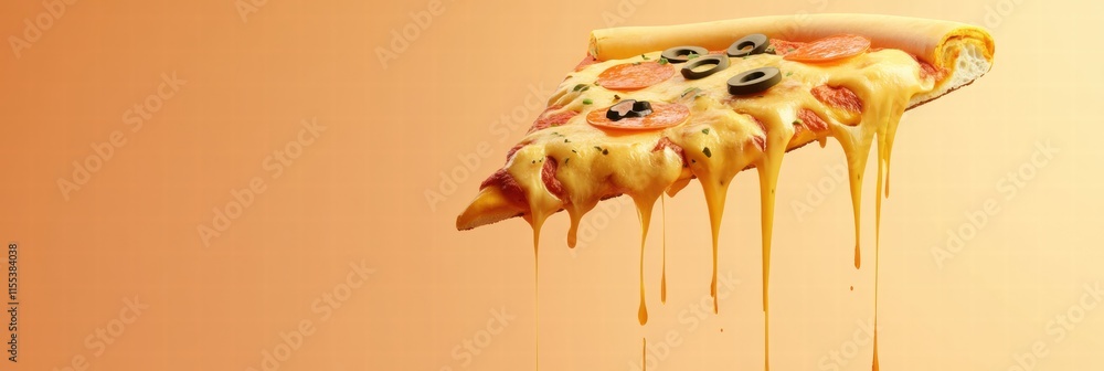 Poster stylized pizza slice with cheese drips and minimalist background showcasing unique toppings in warm 