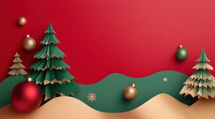 Minimalist red background with three-dimensional paper sculpture of Christmas trees 