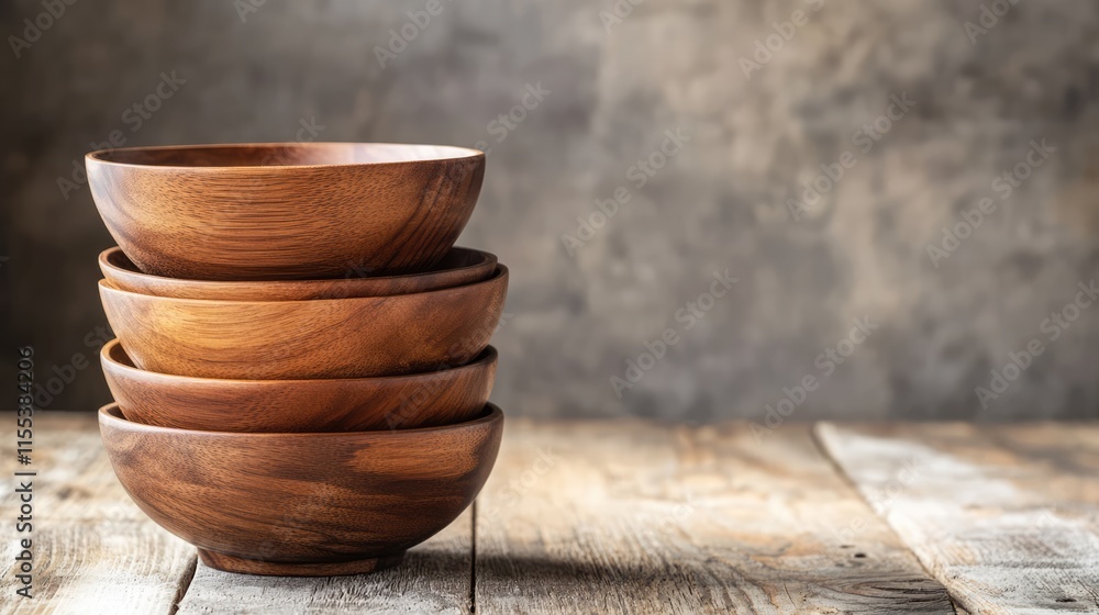 Aufkleber stack of empty wooden bowls on rustic wooden table with textured background for culinary or home dec