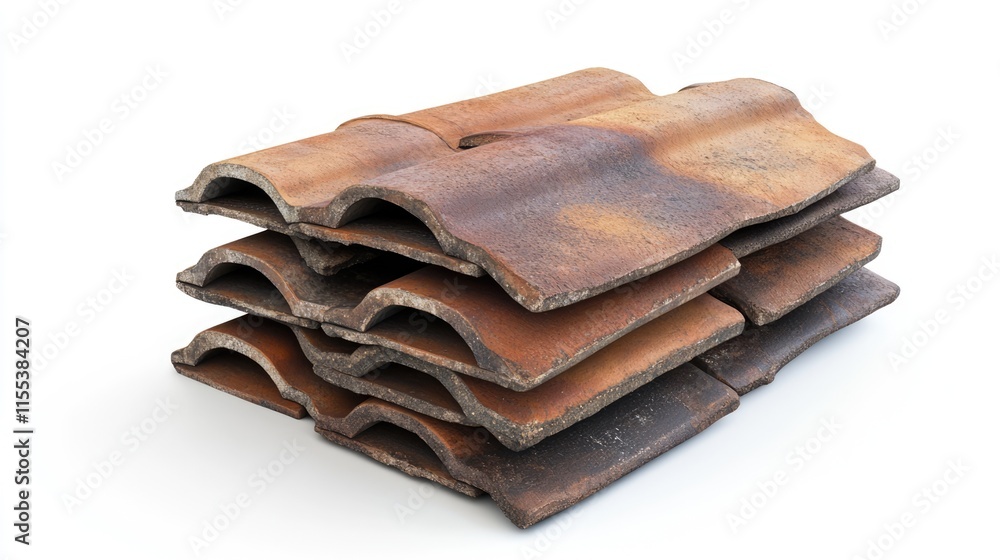 Poster stack of weathered concrete roof tiles arranged neatly on a white background showcasing texture and 