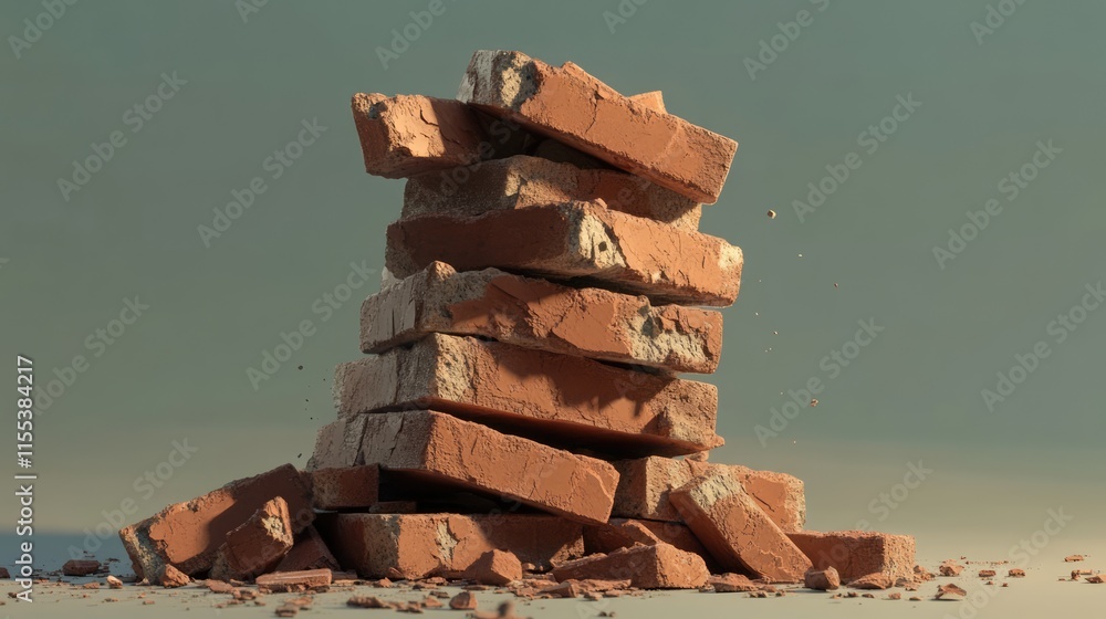 Poster stack of broken bricks in various conditions on a flat surface with fragments scattered around creat