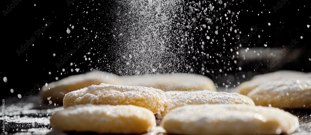 Poster decorative sugar cookies being dusted with icing sugar on a contrasting black and white background c