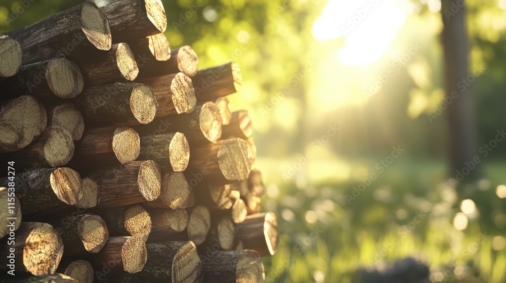 Poster sunlit stack of firewood in a serene forest setting with soft focus on green foliage and glowing sun