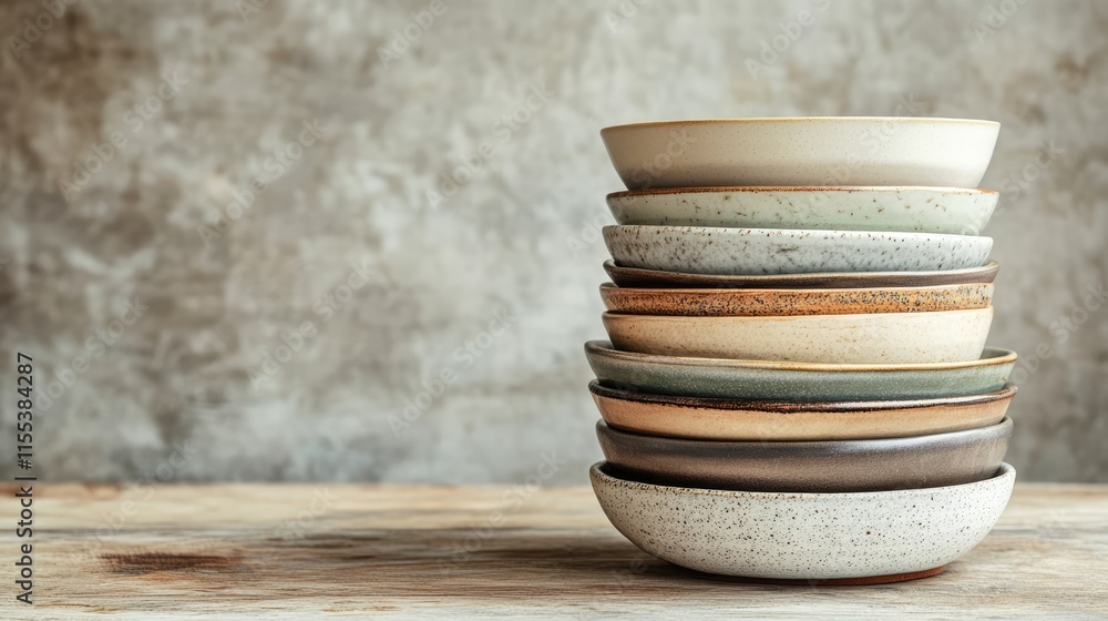 Poster stack of decorative bowls on rustic wooden table against textured background blank space for text or