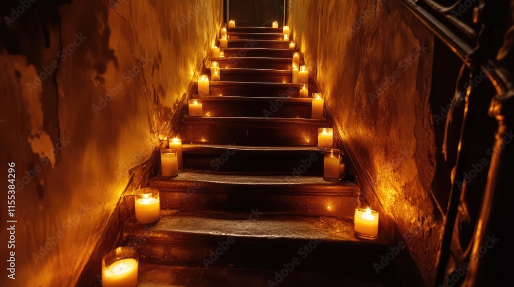 Poster illuminated staircase adorned with flickering candles creating a warm and inviting ambiance in a dim