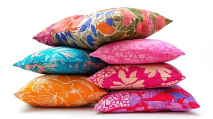 Colorful decorative pillows stacked artistically on white background showcasing vibrant patterns and textures for home decor inspiration