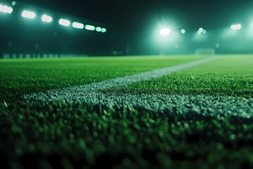Naklejka premium Close-up of illuminated green soccer field with white lines