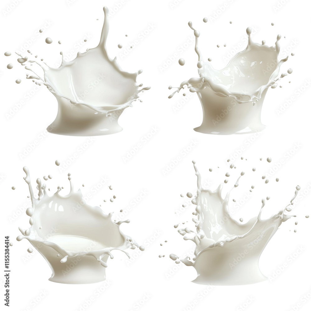 Poster four set of milk or cream splashes. isolated transparent background
