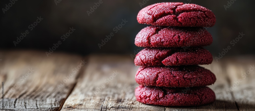 Poster stack of crinkle red velvet cookies on rustic wooden surface showcasing vibrant color and texture id