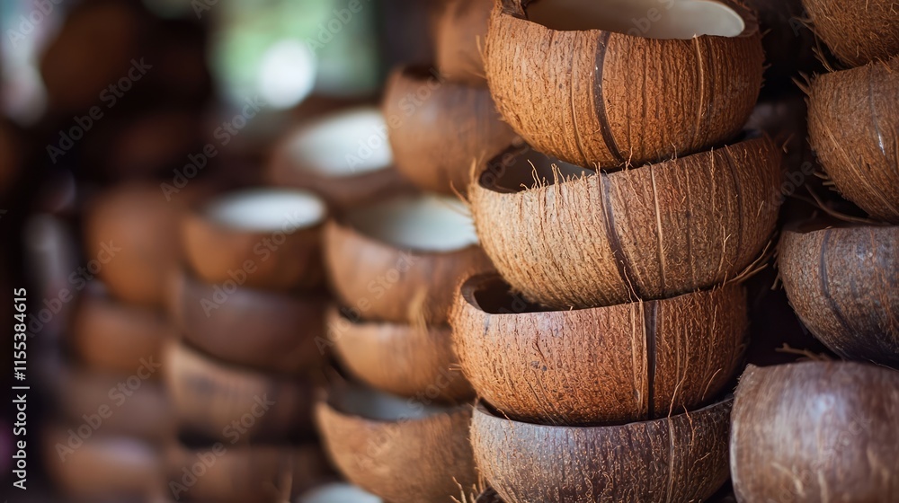 Aufkleber natural stack of coconut shells displayed in a rustic setting for eco-friendly home decor and craft 