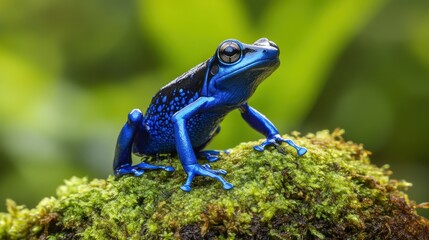 Obraz premium A striking poison dart frog sits on a mossy rock, its bold blue and black skin standing out against the green background. 