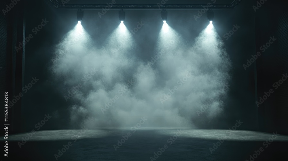Poster mysterious stage with fog and dramatic spotlight illumination creating an atmospheric performance se