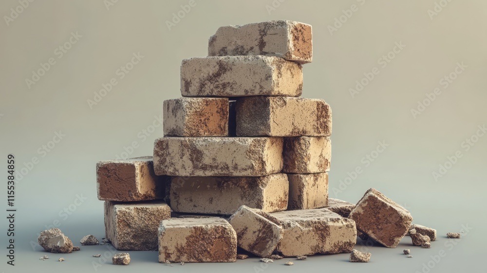 Aufkleber stack of weathered broken bricks with a dusty texture on a neutral background for construction or re