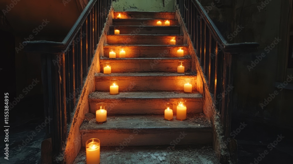 Poster candles illuminating an old staircase in a dimly lit setting creating a warm and inviting atmosphere