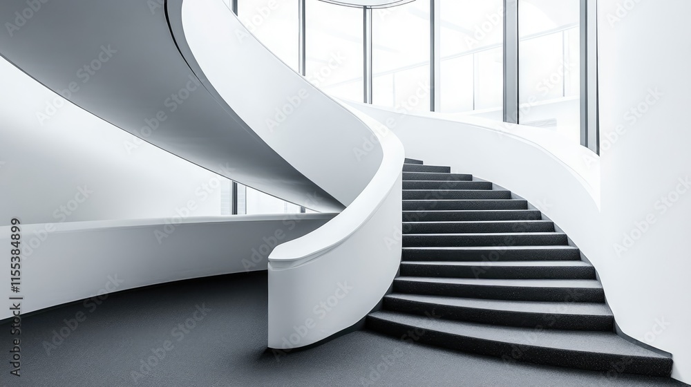 Poster modern indoor staircase design featuring elegant curved steps and large windows, emphasizing minimal