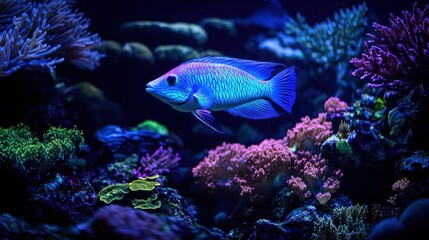 Fototapeta premium A luminous parrotfish swims above vibrant coral, its body shimmering in iridescent blues, greens, and purples.