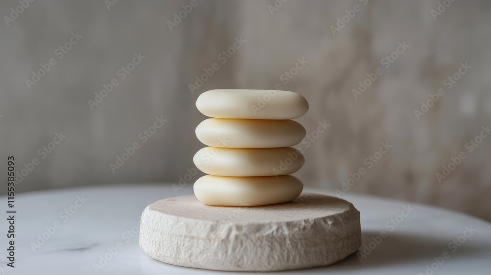 Poster stack of smooth white chocolate disks on a wooden stand against a textured neutral background showca