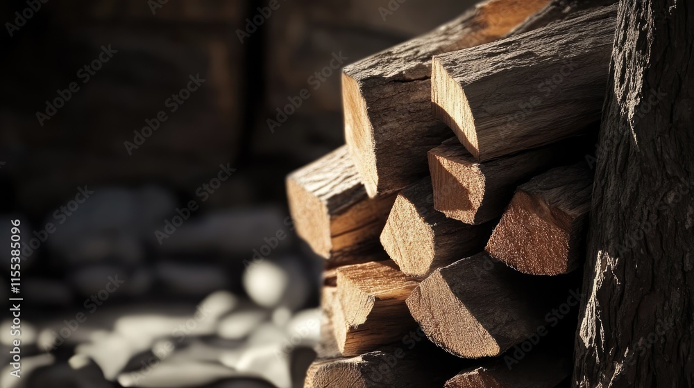Poster stacked firewood logs ready for use in a cozy fireplace setting with a blurred background of natural