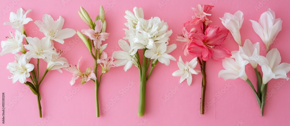 Poster spring flowers arranged on a pink backdrop featuring white and pink blooms with ample space for text