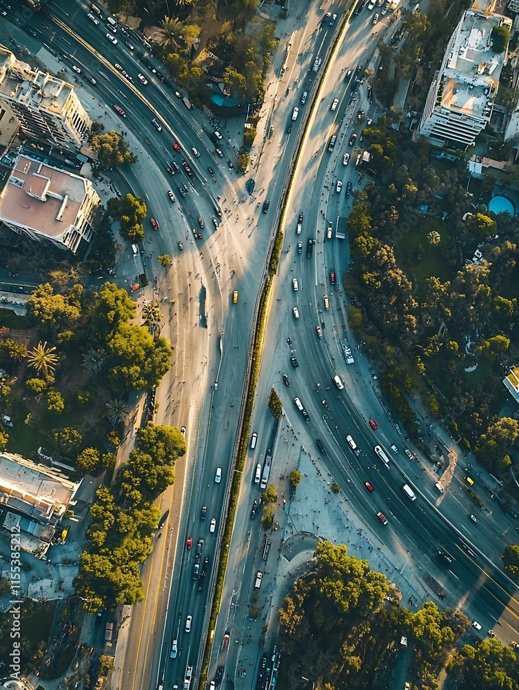 Poster birds eye view of busy highway intersection surrounded by greenery : generative ai