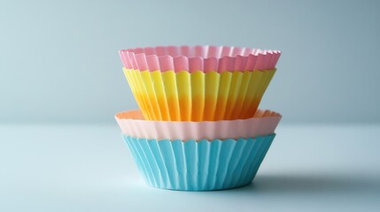 Colorful stack of paper cupcake liners in pastel shades on a soft blue background showcasing baking and party theme decor ideas.