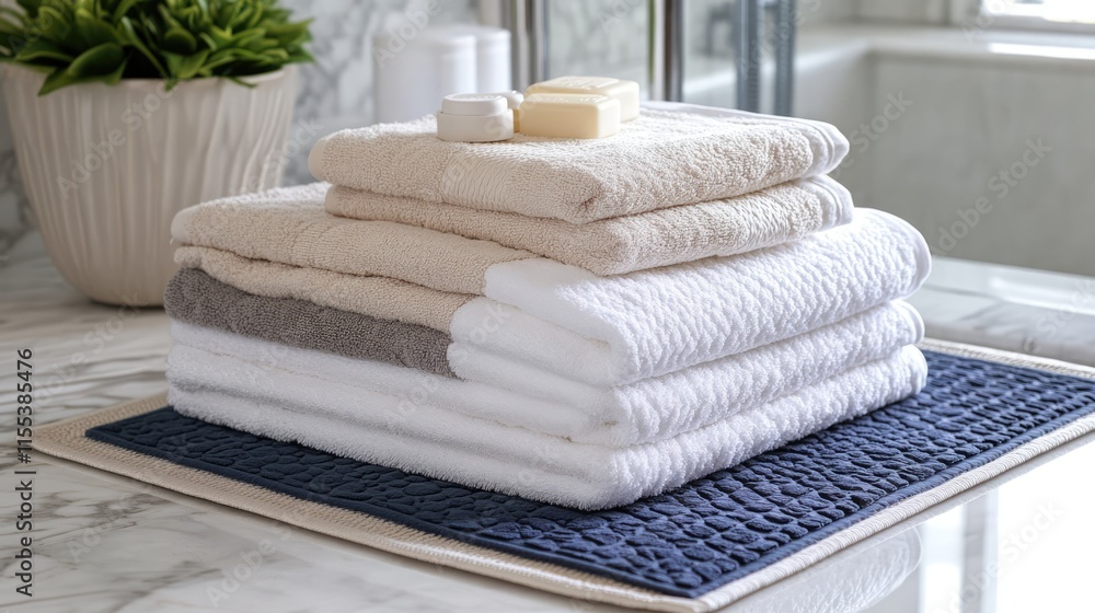 Poster neatly arranged stack of clean towels on a textured mat in an elegant bathroom setting with natural 