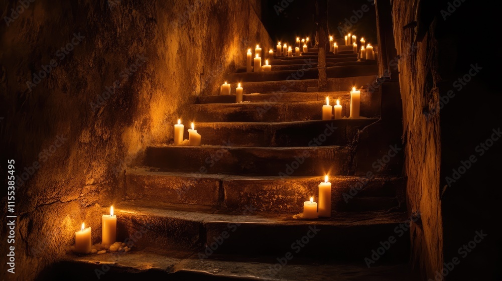 Poster candlelit staircase ambiance creating a serene and inviting atmosphere with soft lighting and rustic