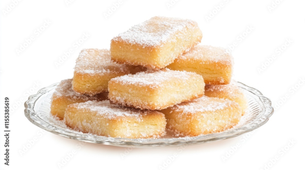Poster stack of rectangular biscuits dusted with sugar on a clear glass plate isolated against a white back