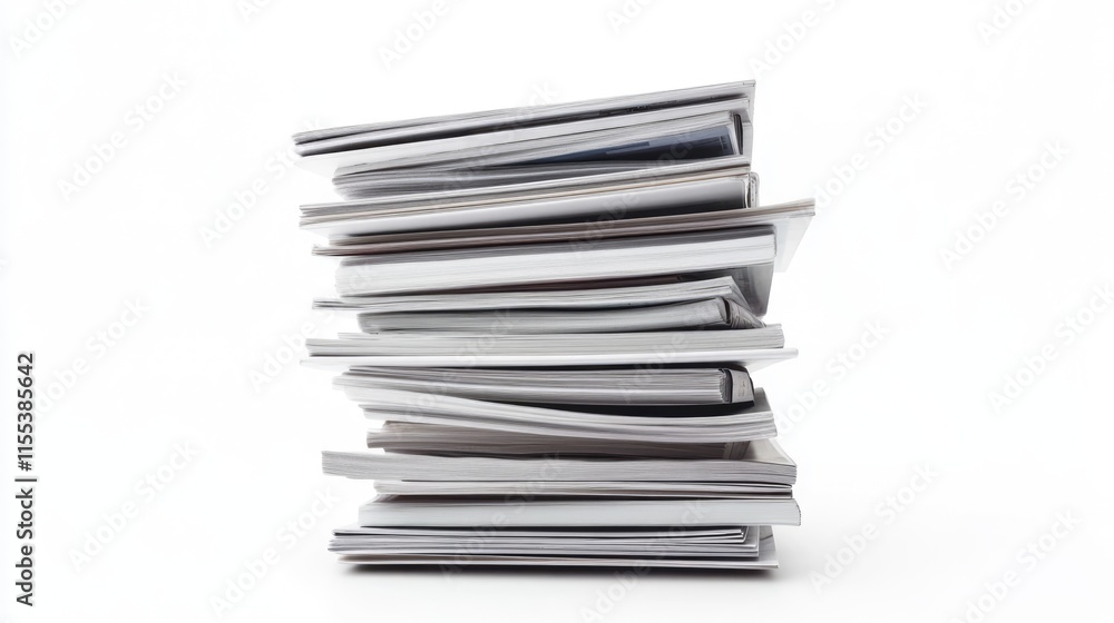 Poster stack of various magazines neatly arranged on a clean white background for editorial or commercial u