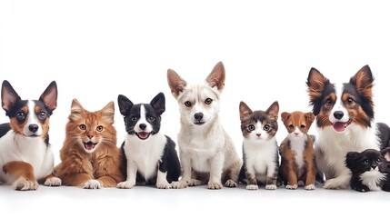 Adorable Group of Kittens and Puppies Sitting Against White Background : Generative AI