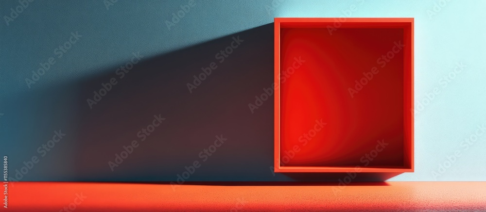 Poster abstract red square with dramatic shadow on blue background creating a bold visual contrast in minim