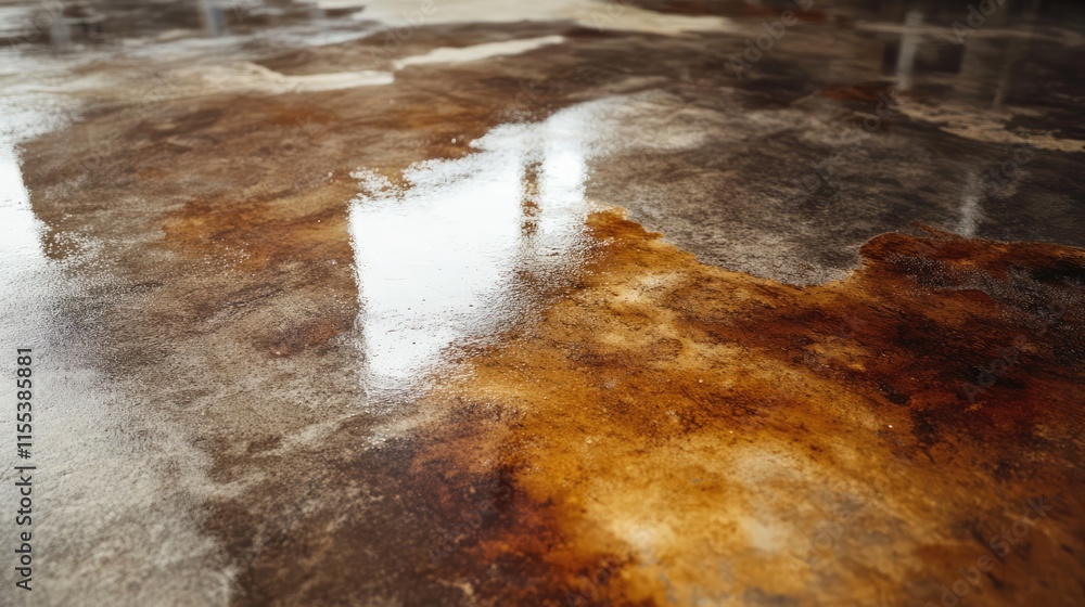 Poster concrete floor with stains showcasing textured patterns and reflections from light sources, highligh