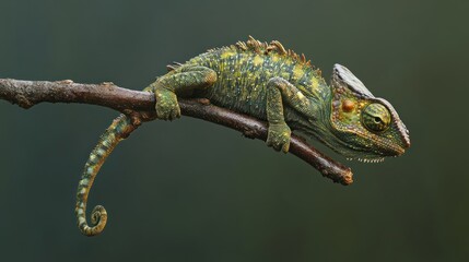 Naklejka premium A playful chameleon clings to a branch, its body shifting to an electric mix of greens, yellows, and reds. 
