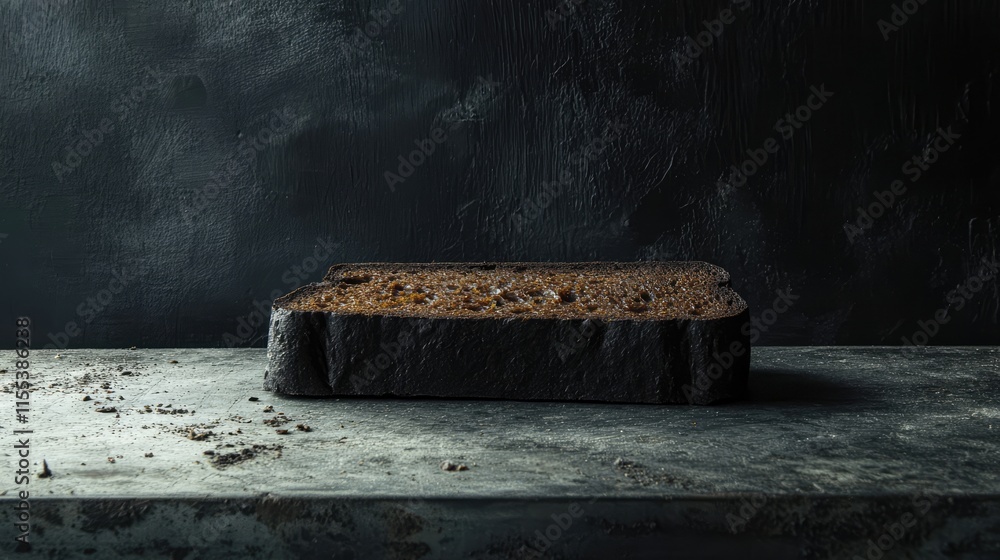 Poster stale black bread on a dark textured surface highlighting its crumbly texture and contrasting colors