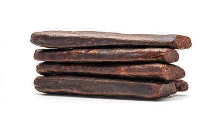 Stack of traditional smoked sausages arranged neatly on a clean white background showcasing texture and color details of the meat product.