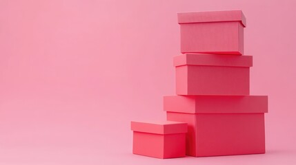 Stack of pink gift boxes in various sizes on a soft pink background perfect for romantic themes and Valentine's Day promotions