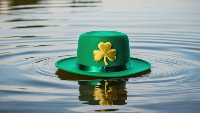 green St. Patrick Day hat with golden clover floats on calm water surface, creating ripples around it. festive hat reflects on water, adding whimsical touch - Powered by Adobe