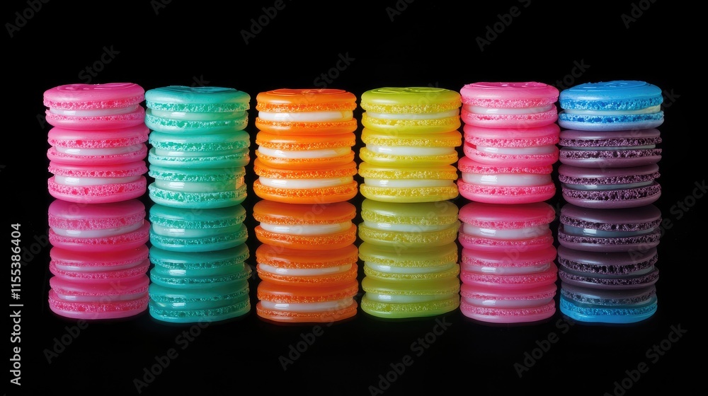Poster vibrant stacks of multicolored macarons displayed on a sleek black background with stunning reflecti