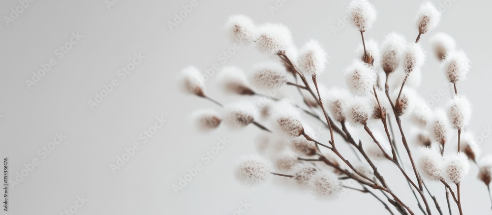 Poster Fluffy willow sprig against a light gray background symbolizing Easter and springtime rejuvenation in a minimalist setting