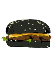Illustration of chicken or beef burger with charcoal bun.