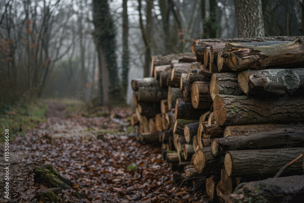 Poster logs stacked along a foggy path in a forest create a stark contrast between man made order and natur