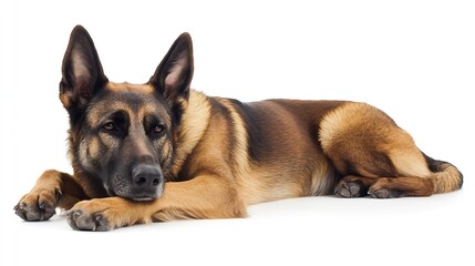 Graceful German Shepherd Dog Lying Restfully on White Background : Generative AI